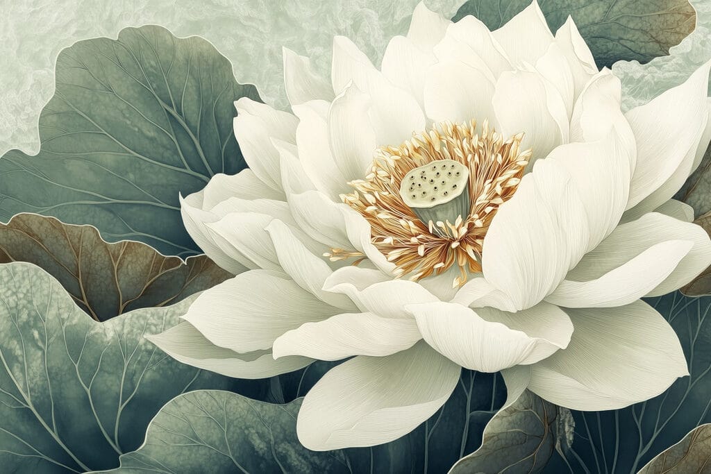 Lotus alb de aproape — design complet