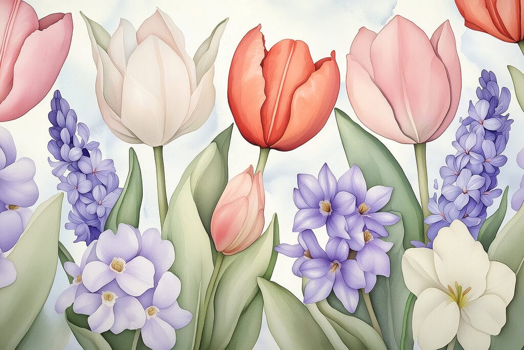 Lalele printre flori mov — design complet