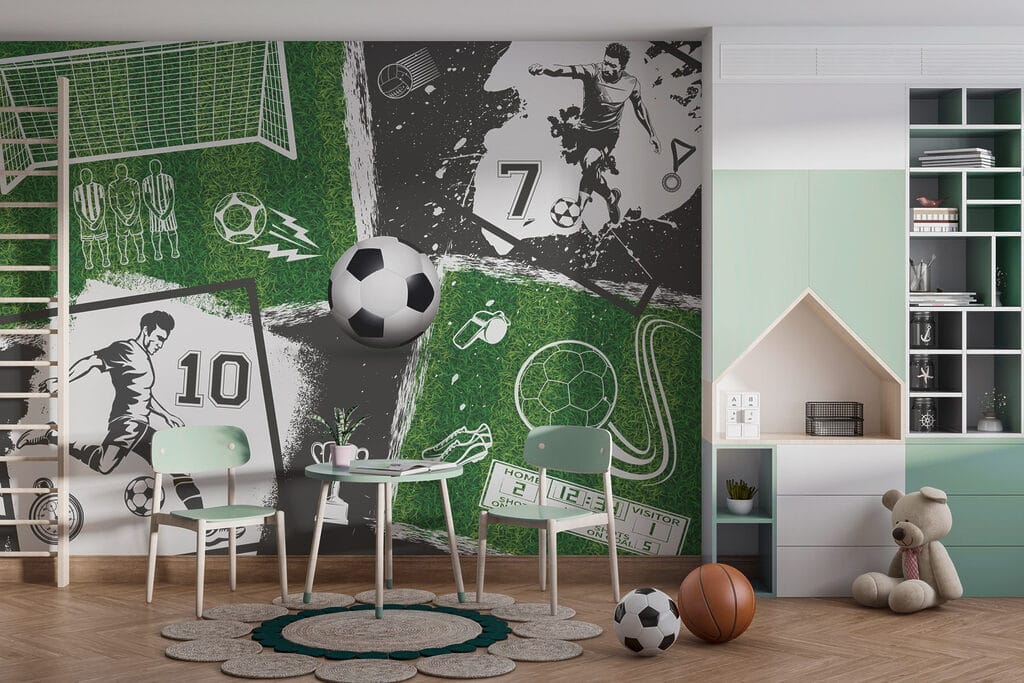 Lumea fotbalului în verde într-un interior