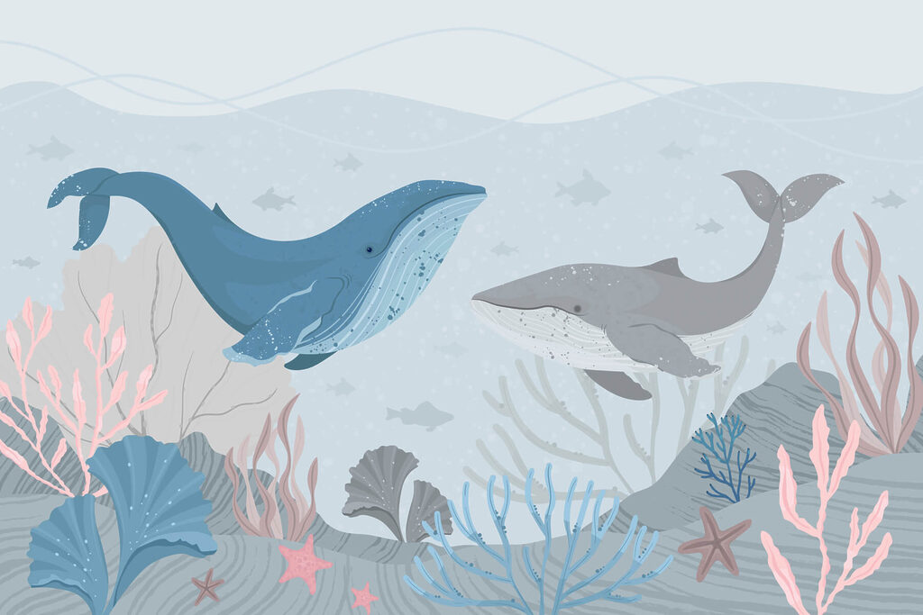 Balene printre plante marine — design complet