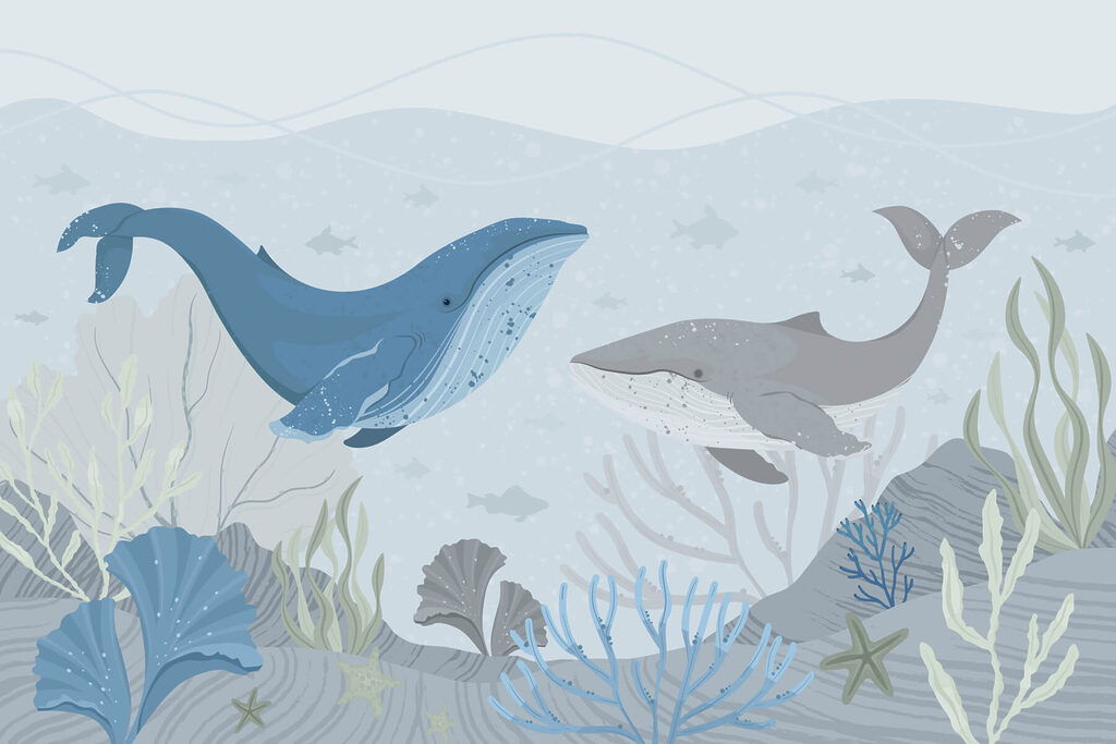 Balene printre plante marine — design complet
