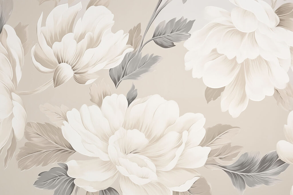 Bujori albi pe bej — design complet
