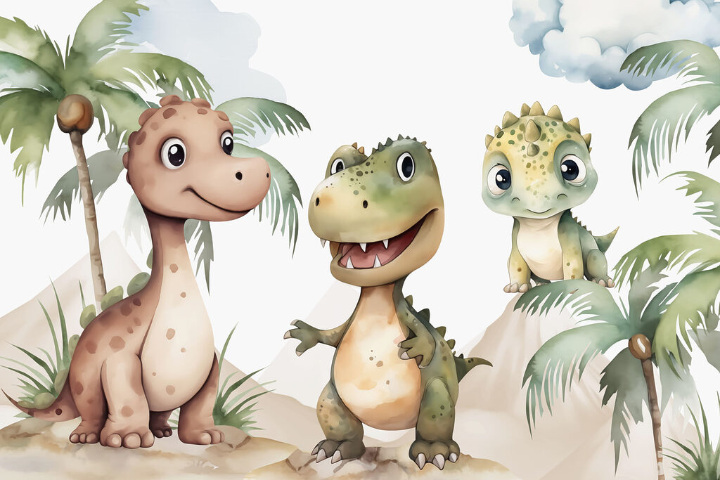 Trei dinozauri sub palmieri — design complet