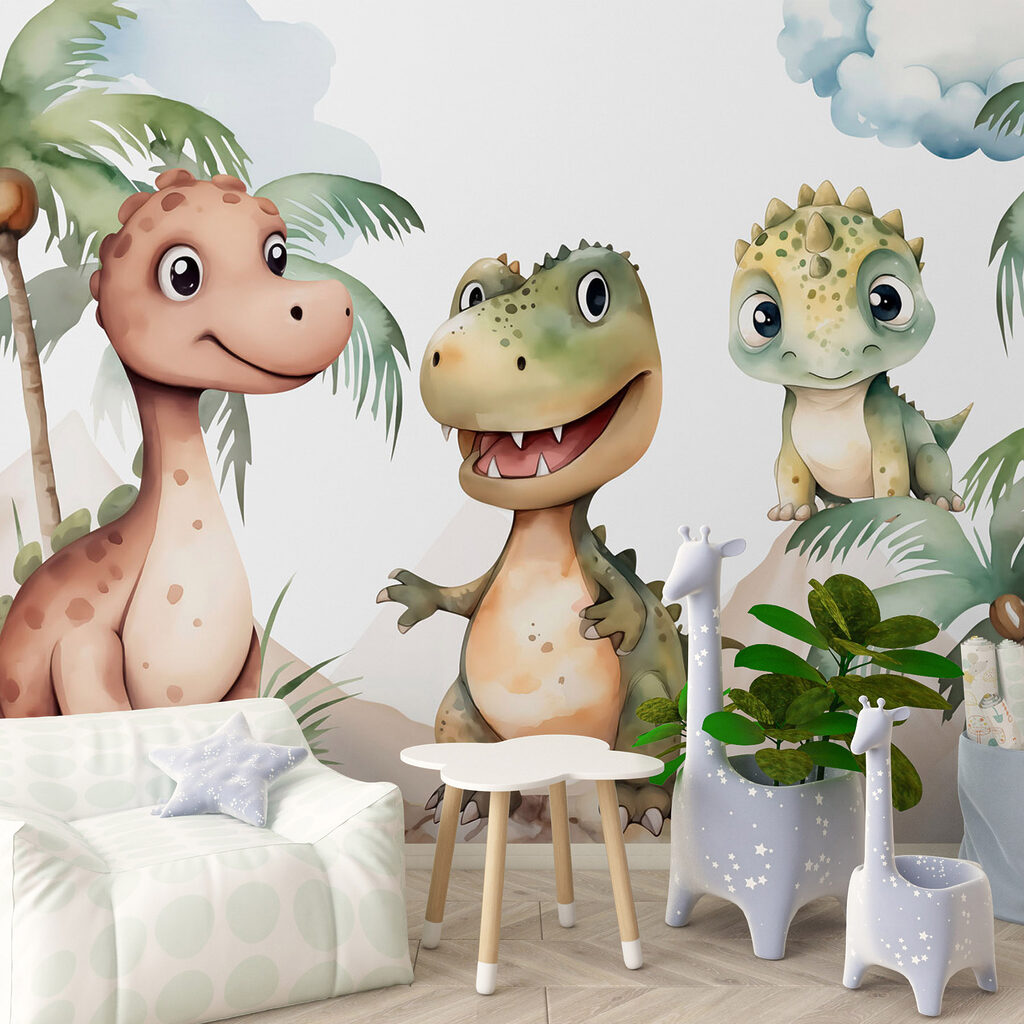 Trei dinozauri sub palmieri într-un interior