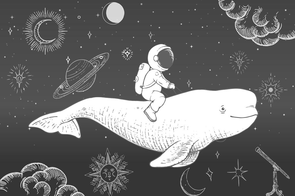 Astronaut pe balenă cosmică — design complet