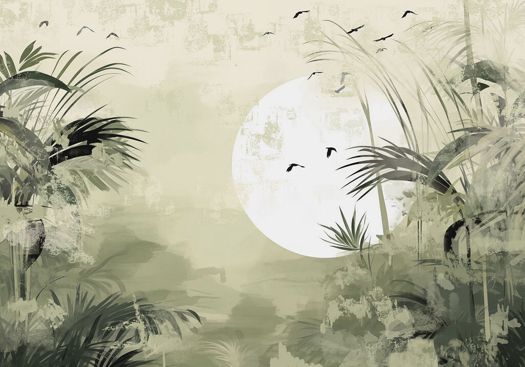 Lună peste frunze tropicale — design complet