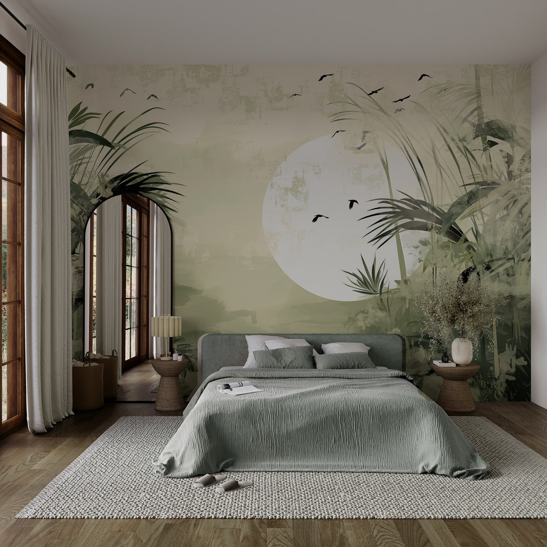 Lună peste frunze tropicale într-un interior