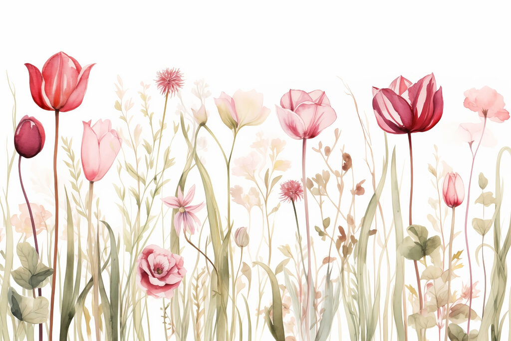 Lalele roz printre flori — design complet