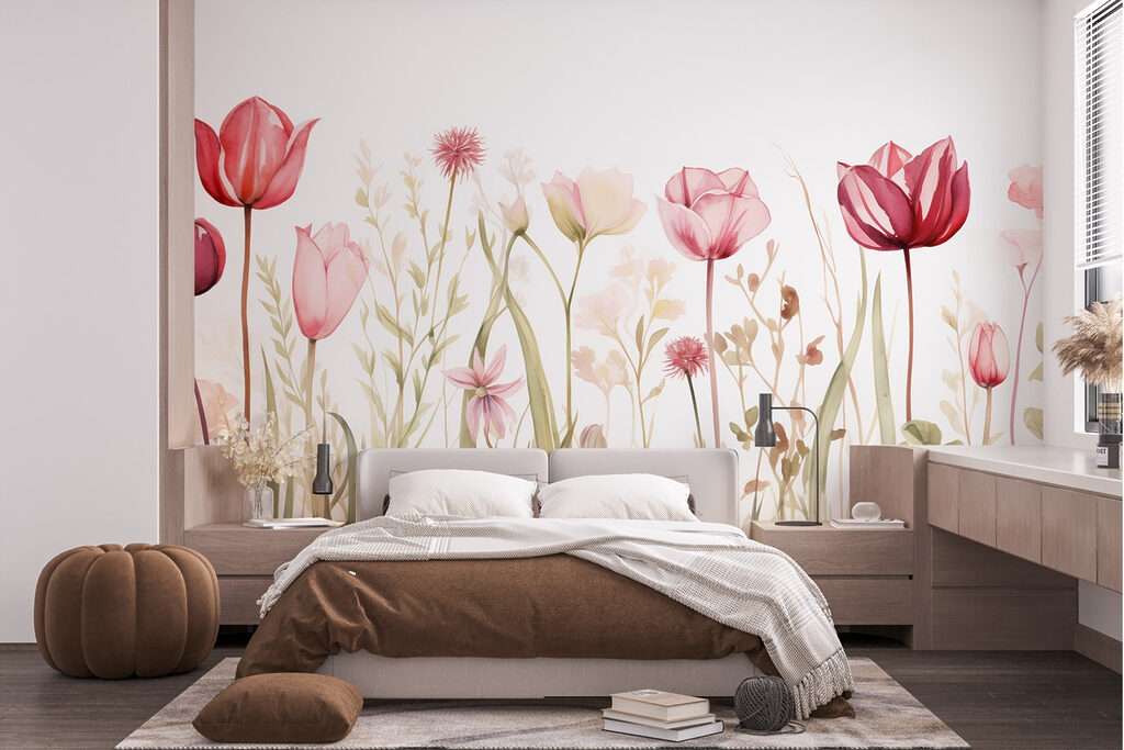 Lalele roz printre flori — interior 1