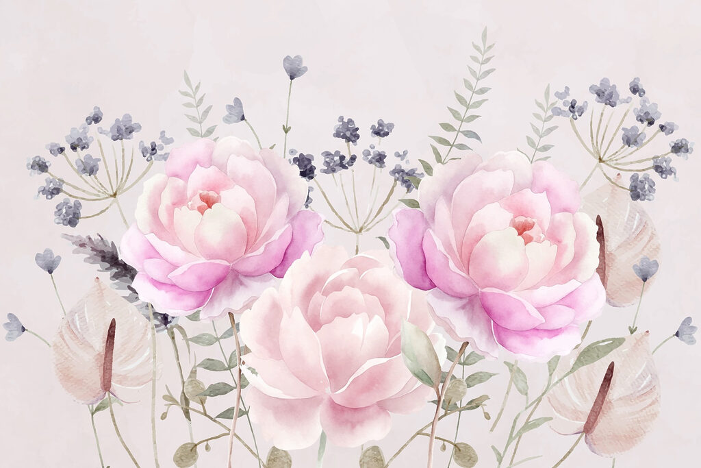 Bujori roz printre flori — design complet