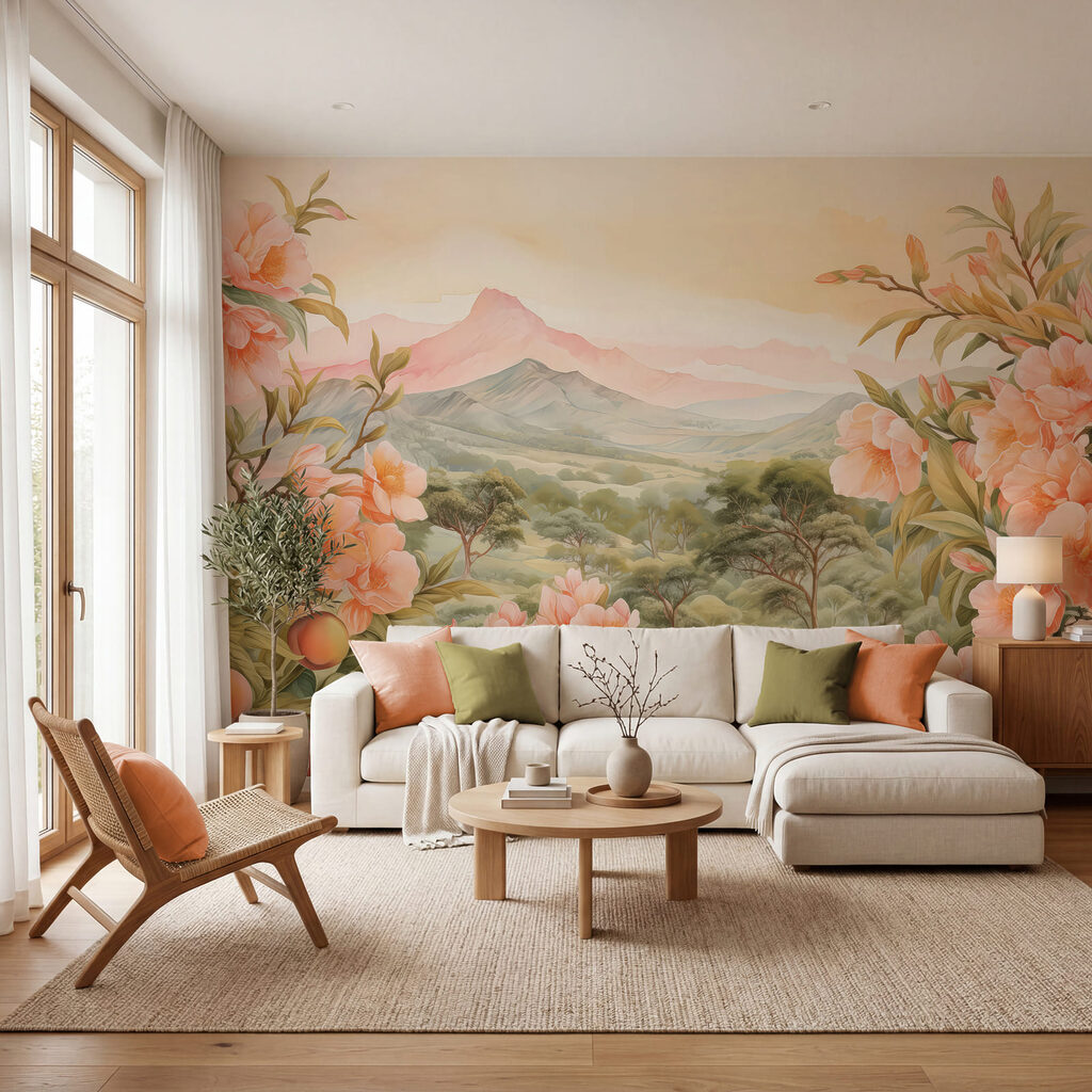 Flori roz încadrează valea — interior 2