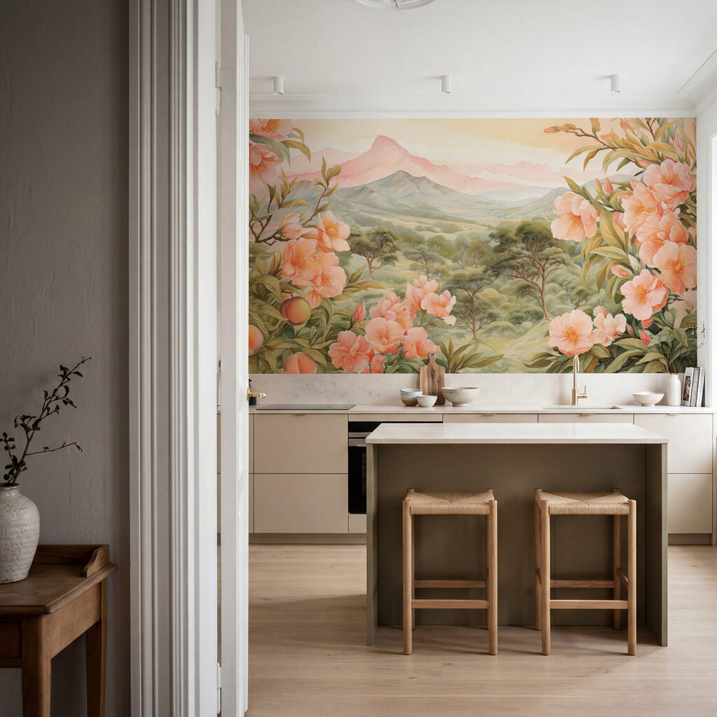 Flori roz încadrează valea — interior 1