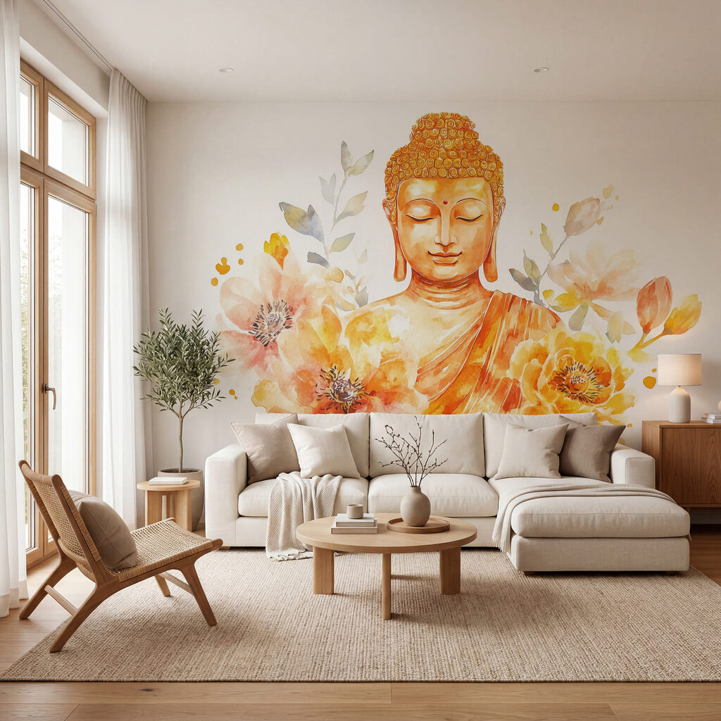 Buddha printre flori într-un interior