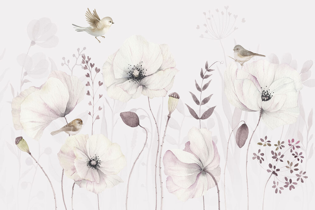 Păsărele printre flori pale — design complet