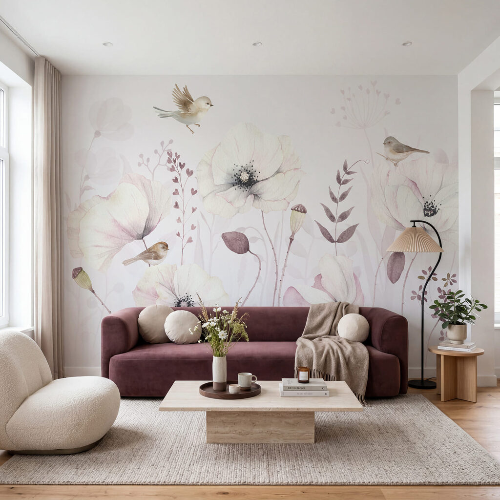 Păsărele printre flori pale într-un interior