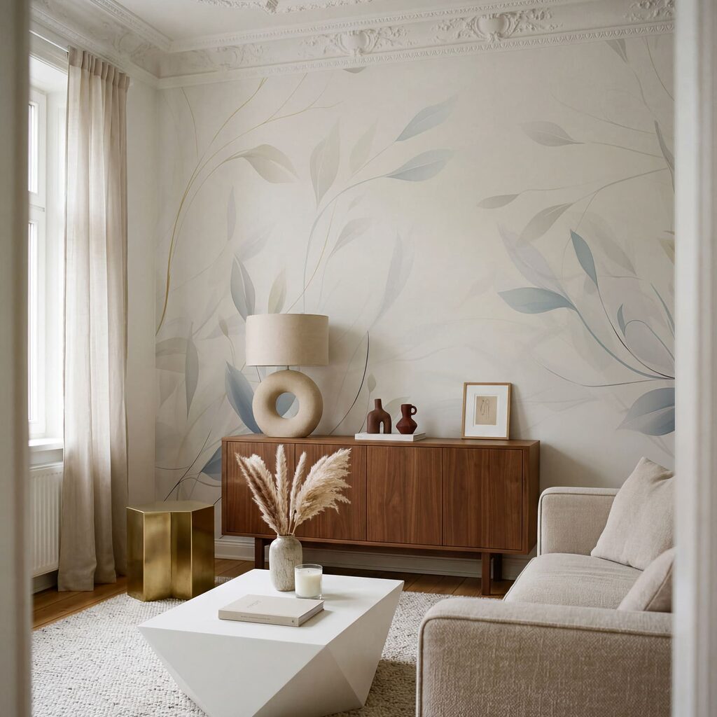 Frunze albastre pe alb — interior 2