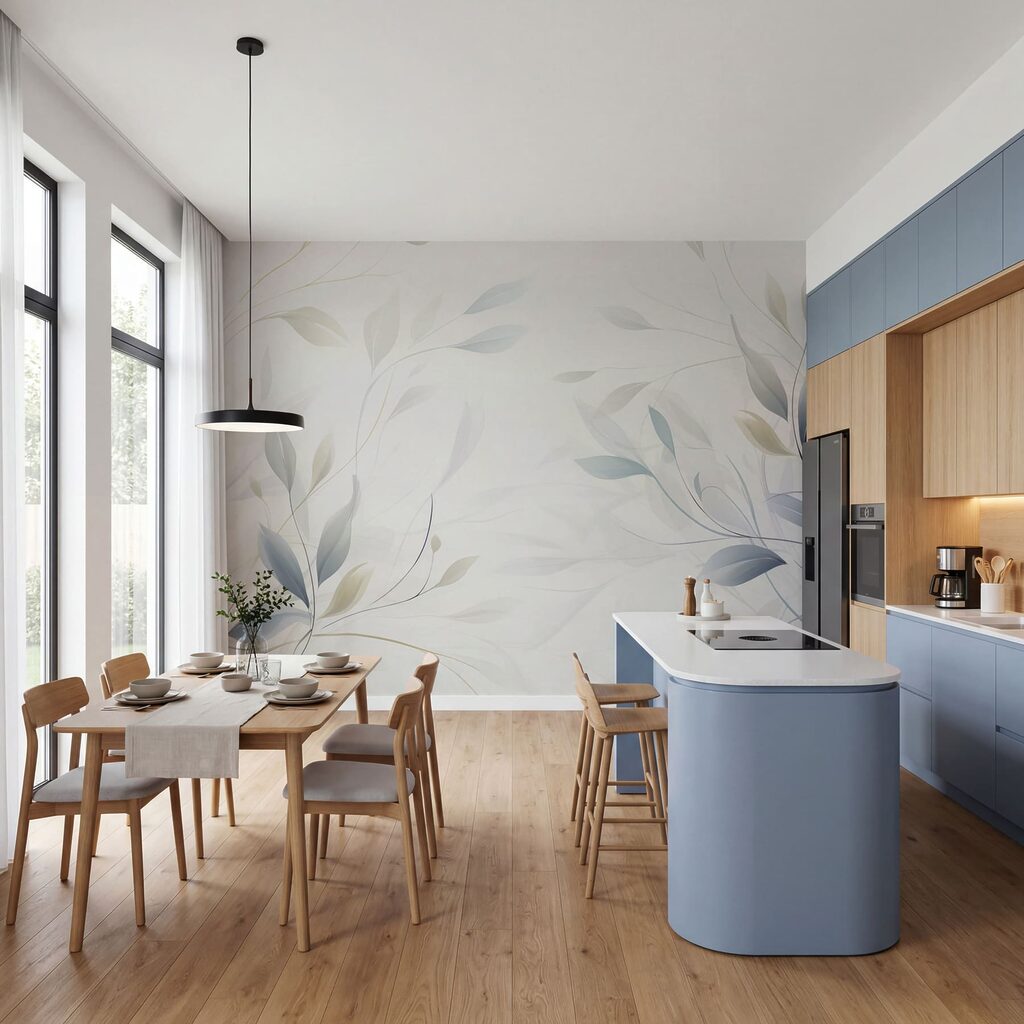 Frunze albastre pe alb — interior 3