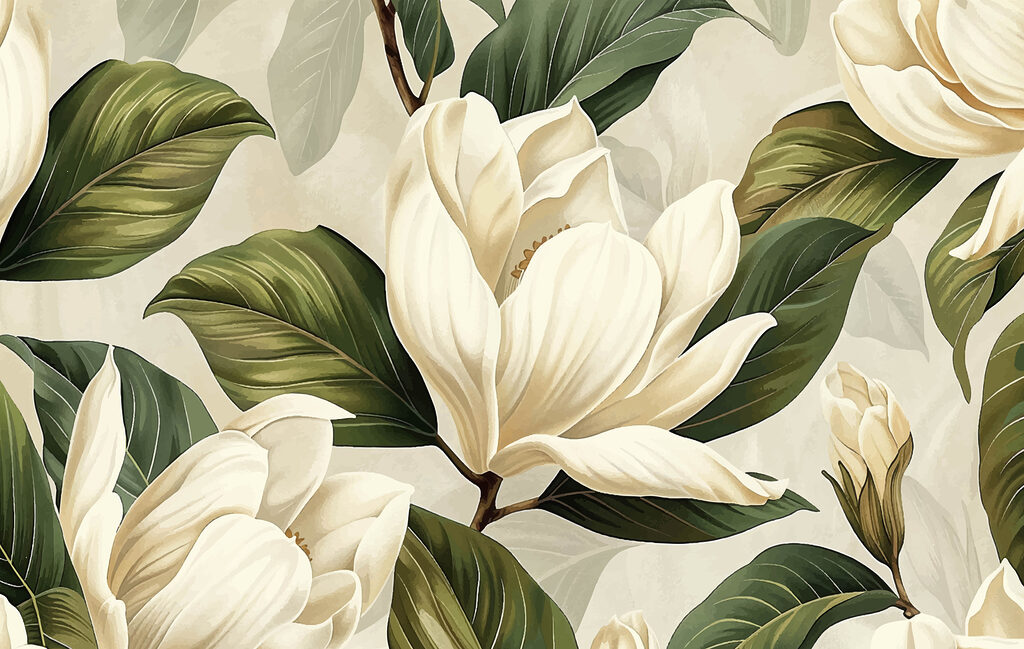 Flori crem printre frunze — design complet
