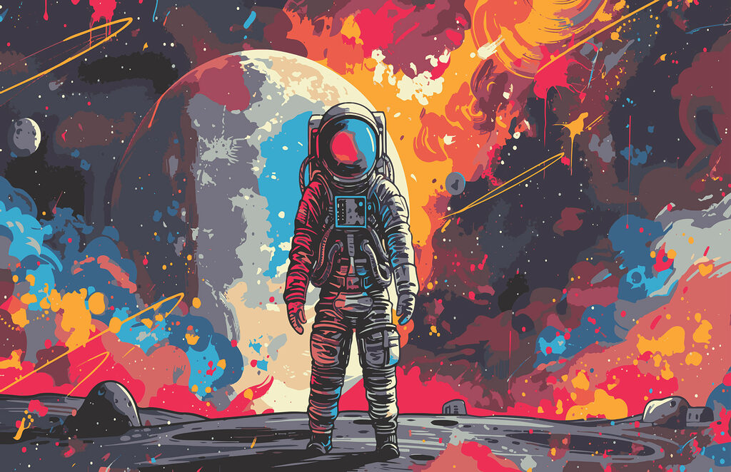 Astronaut printre stropi — design complet