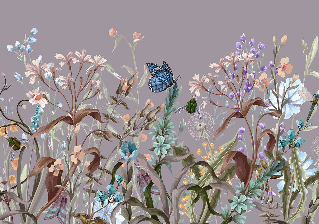Fluturi printre tulpini florale — design complet