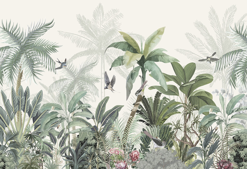 Păsări printre plante tropicale — design complet