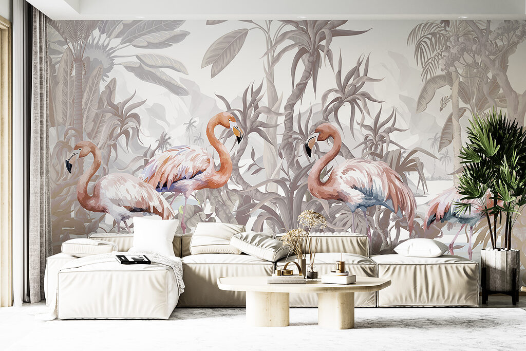 Flamingouri printre plante tropicale — interior 1