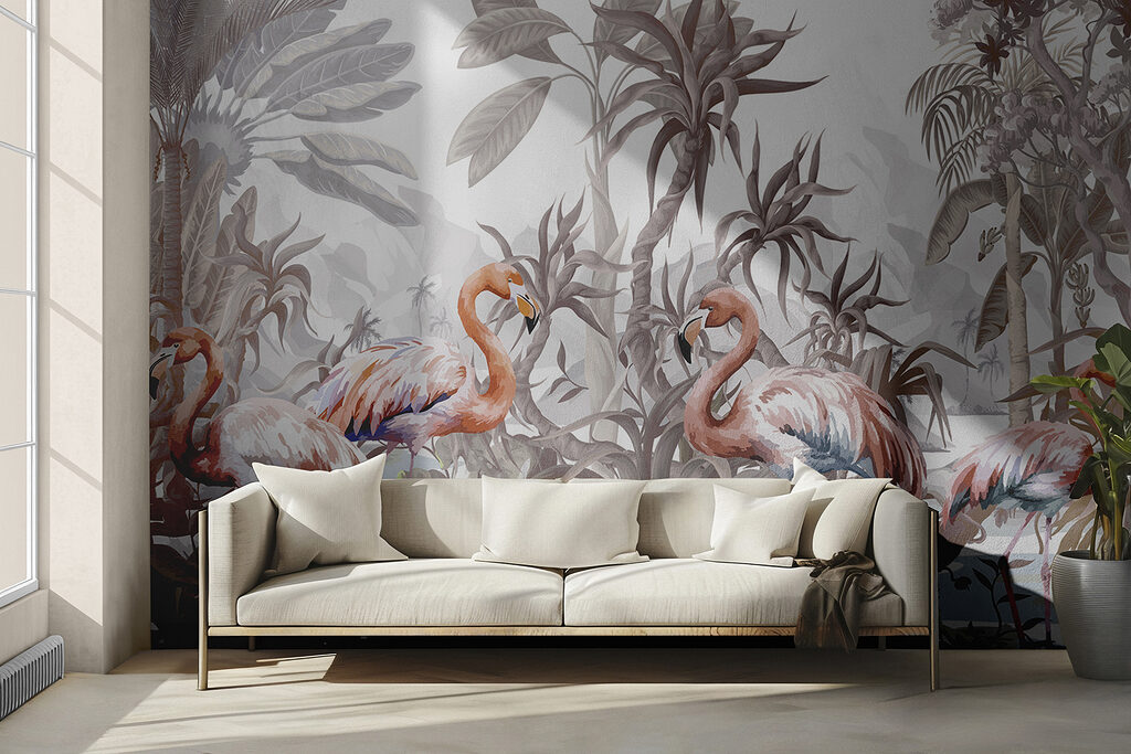 Flamingouri printre plante tropicale — interior 2