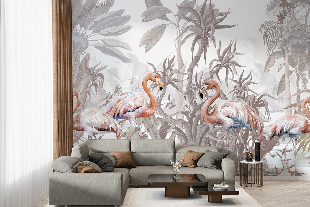 Flamingouri printre plante tropicale — interior 4