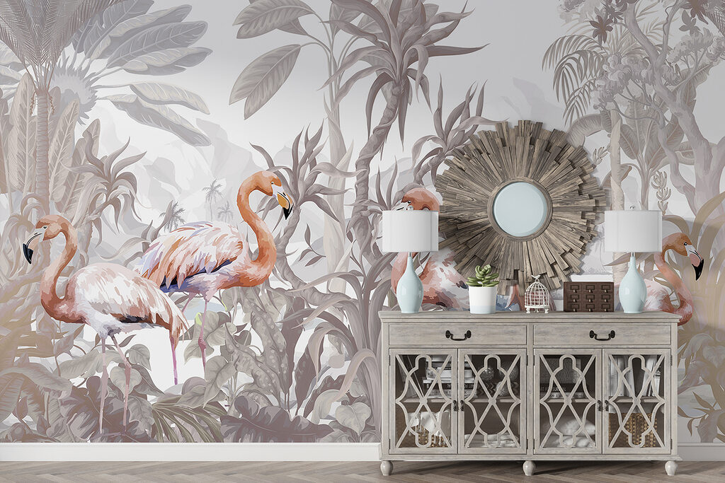 Flamingouri printre plante tropicale — interior 6