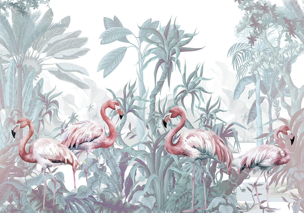 Flamingouri printre plante tropicale — design complet
