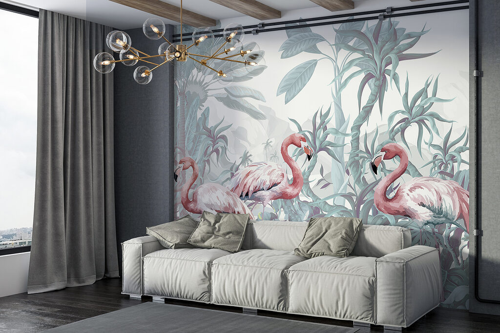 Flamingouri printre plante tropicale — interior 2