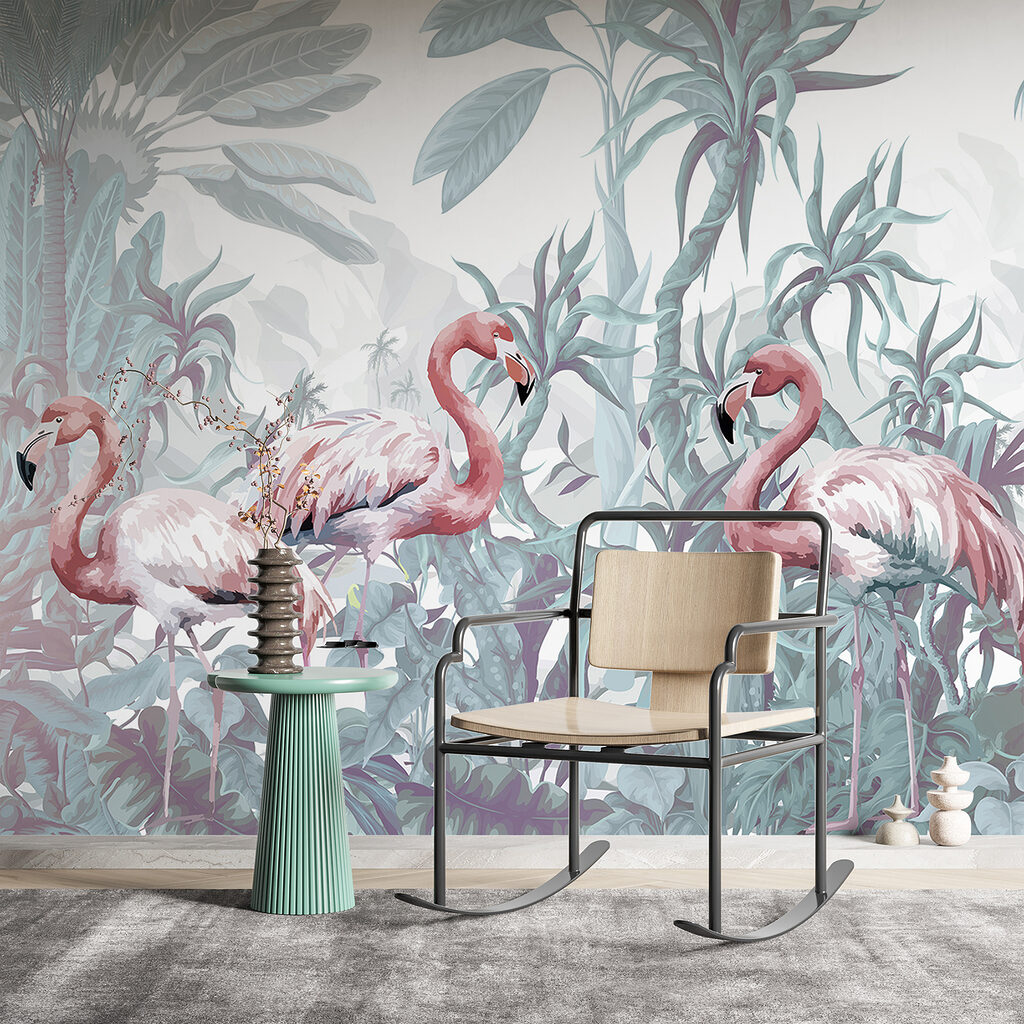 Flamingouri printre plante tropicale — interior 3