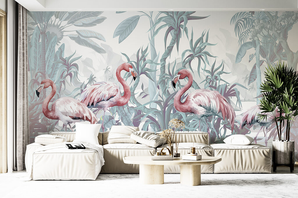 Flamingouri printre plante tropicale — interior 4