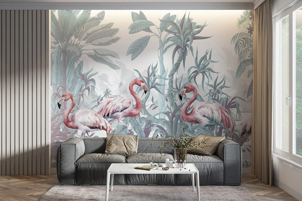 Flamingouri printre plante tropicale — interior 5