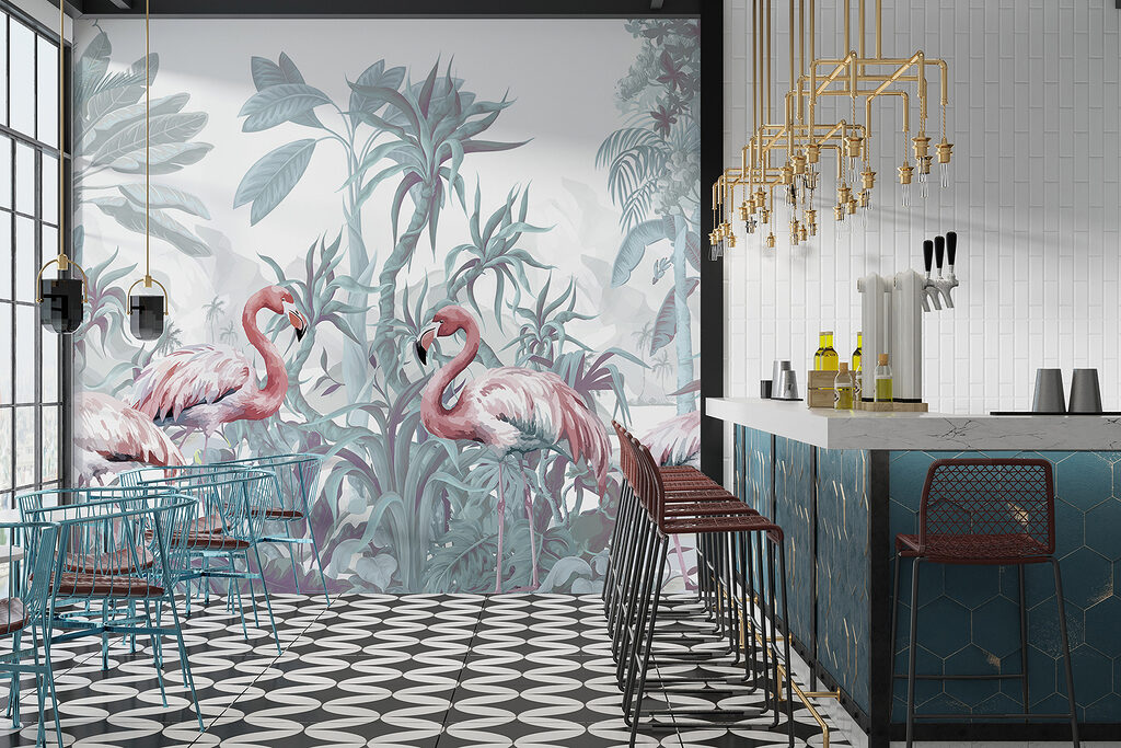 Flamingouri printre plante tropicale — interior 6