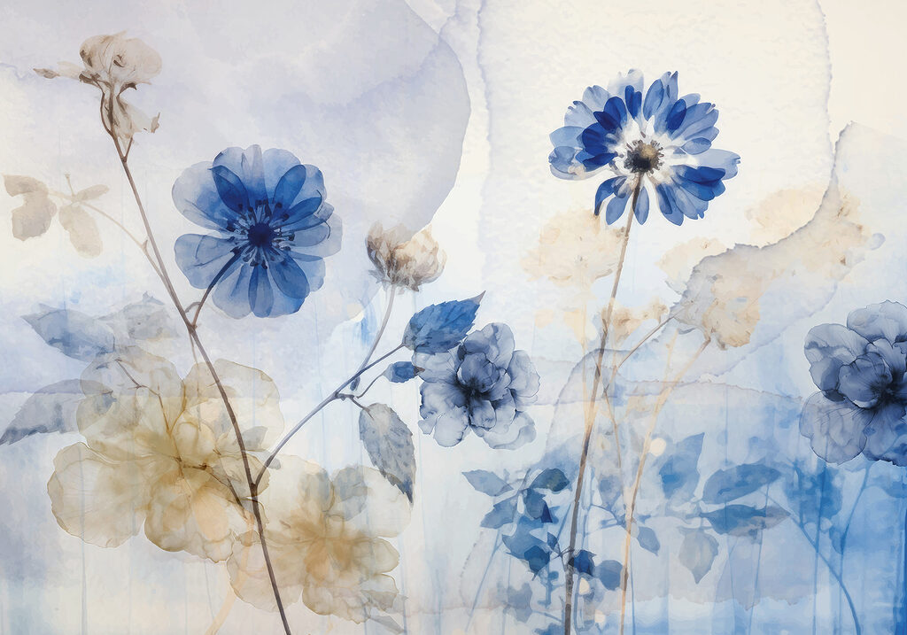 Flori albastre, fond bej — design complet