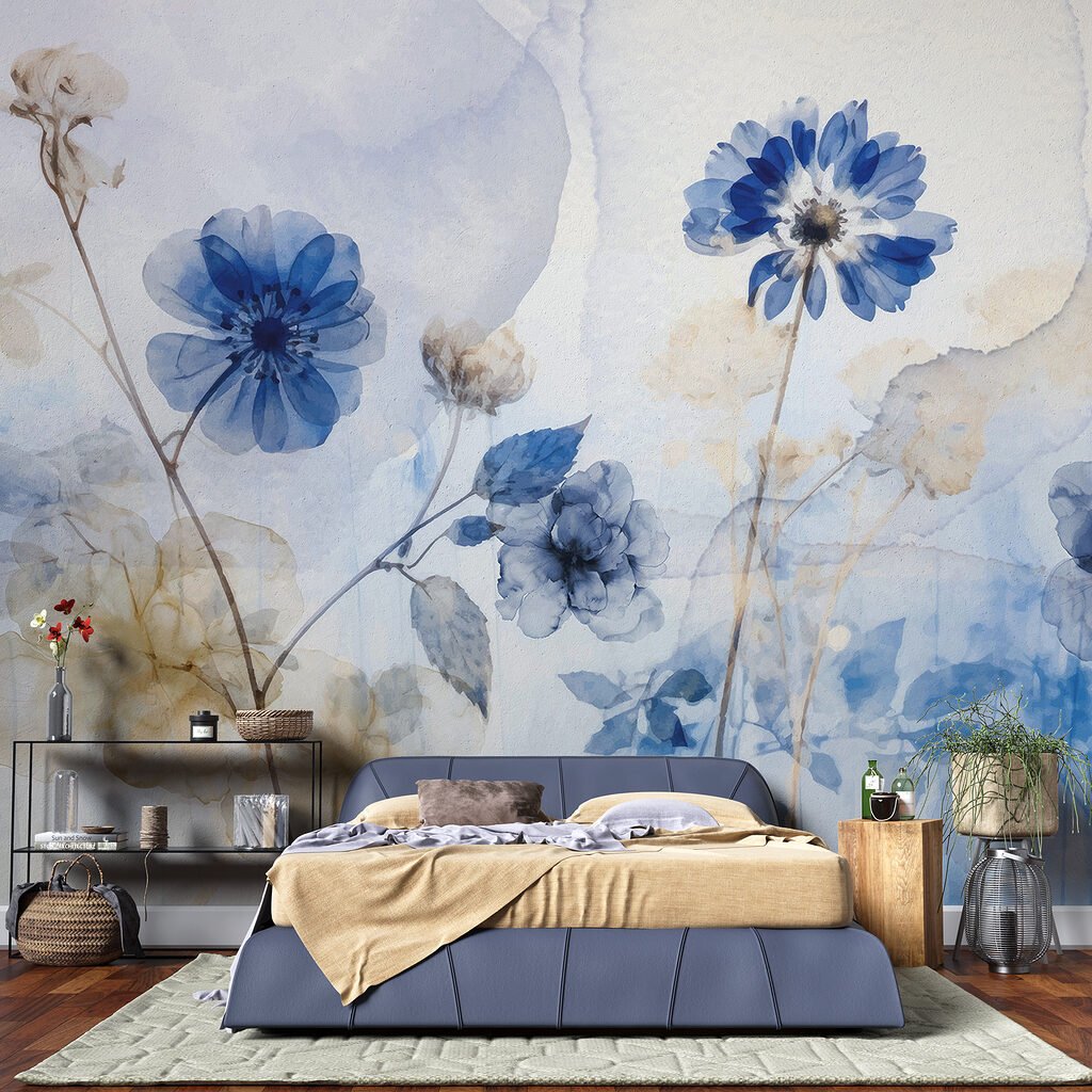 Flori albastre, fond bej — interior 1