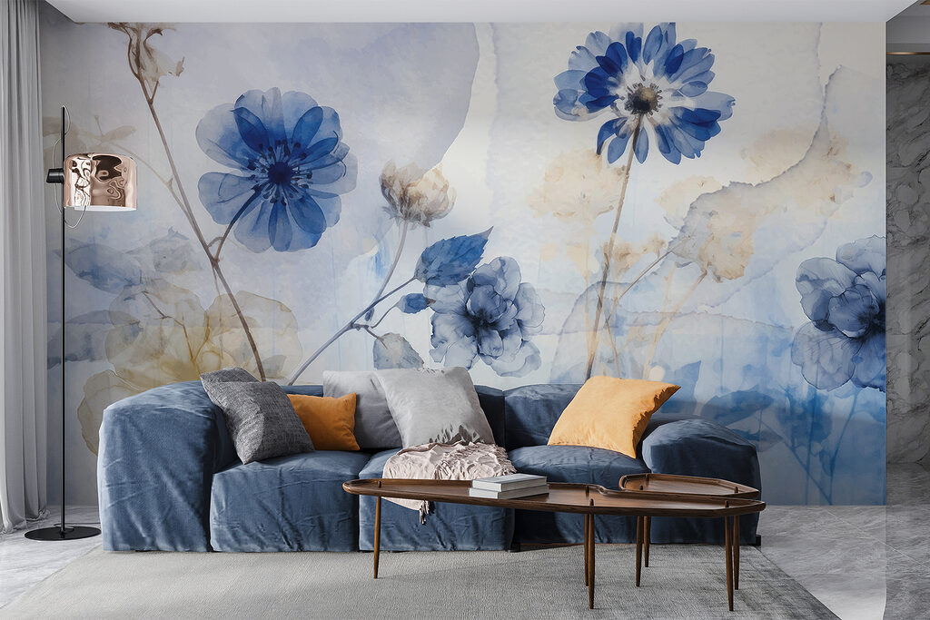 Flori albastre, fond bej — interior 2
