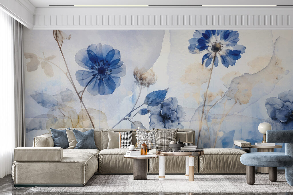 Flori albastre, fond bej — interior 3