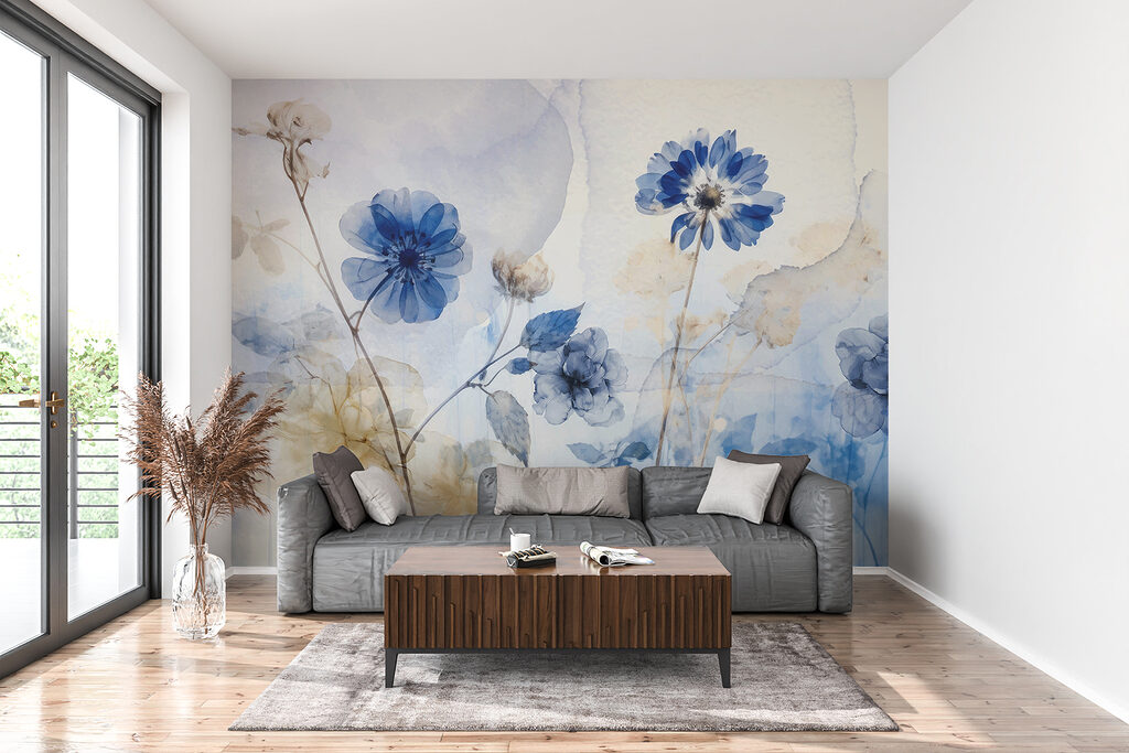 Flori albastre, fond bej — interior 4