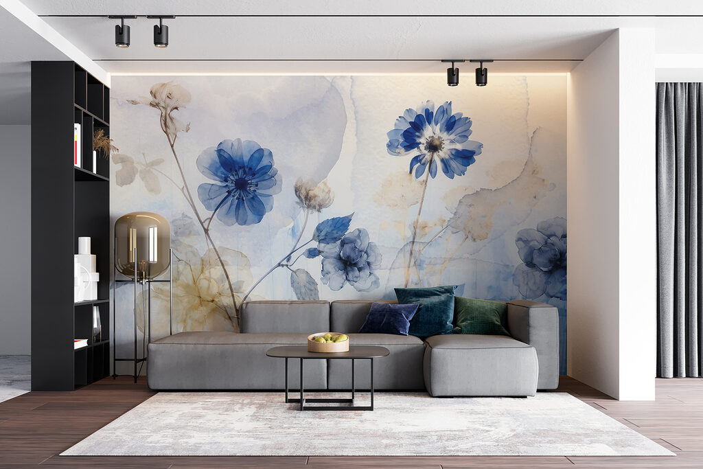 Flori albastre, fond bej — interior 5