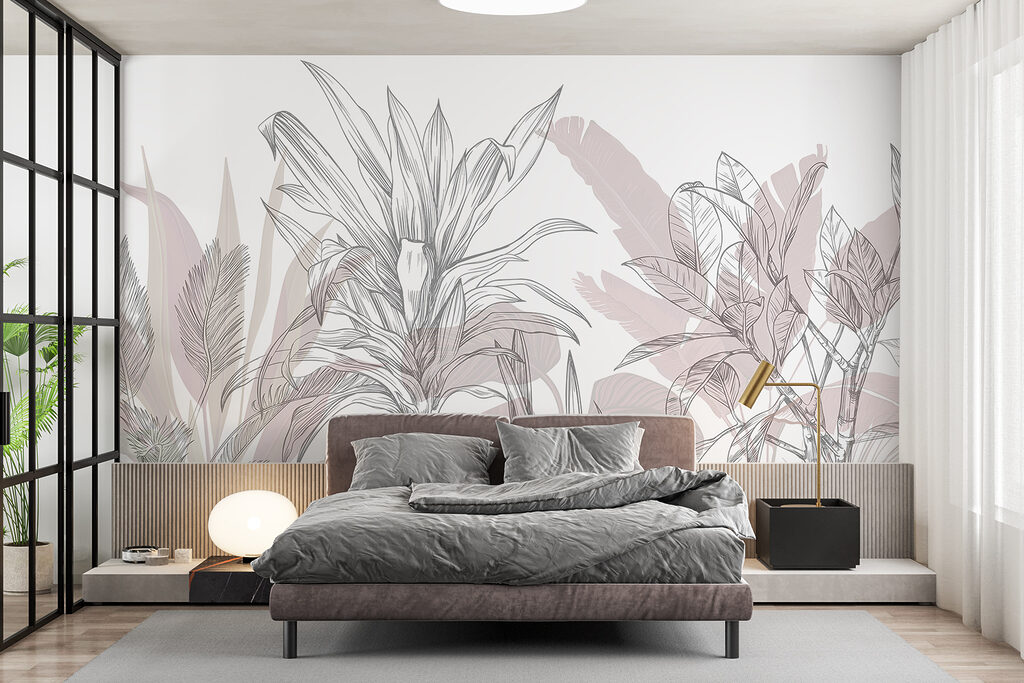 Plante tropicale în schiță într-un interior