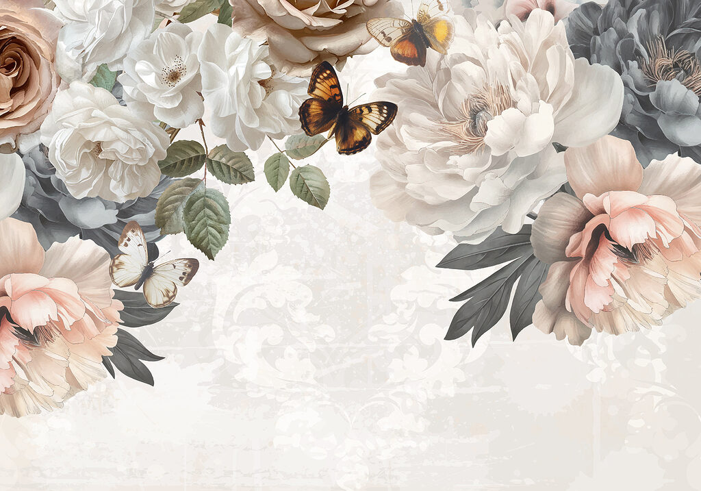 Fluturi printre flori luminoase — design complet