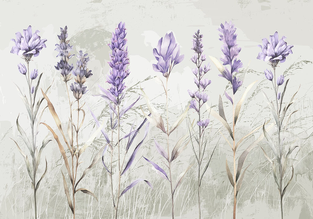 Flori mov printre ierburi — design complet