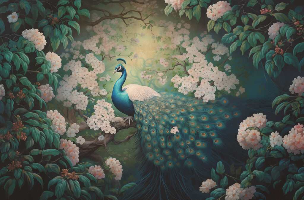 Păun printre flori — design complet