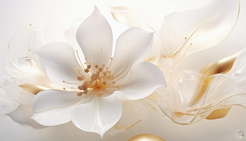 Floare albă, linii aurii — design complet