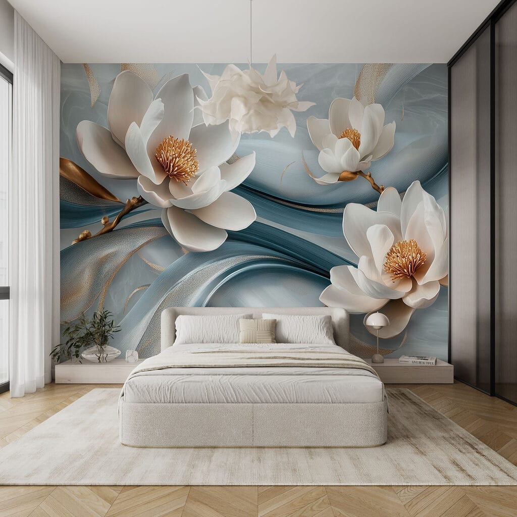 Flori albe pe albastru — interior 2