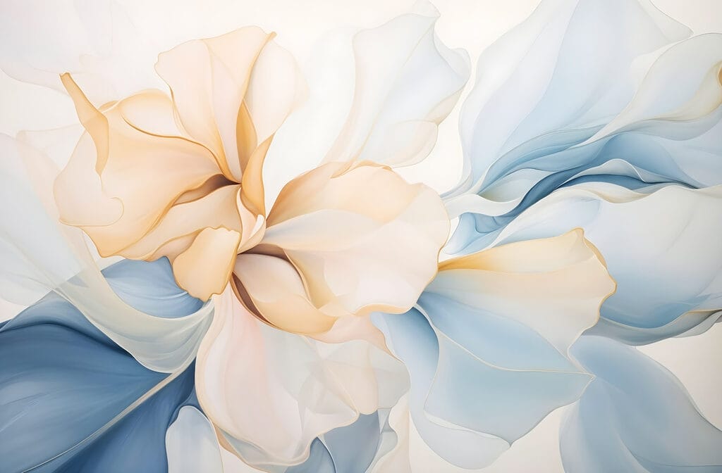Floare piersică, voaluri albastre — design complet