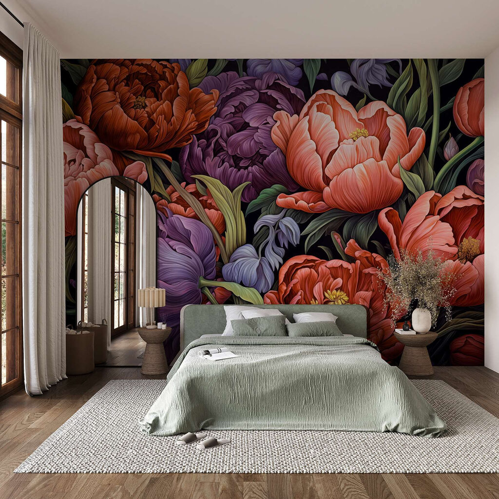 Buchet dens de flori într-un interior