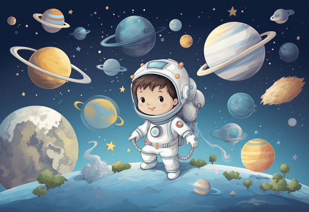 Astronaut printre planete — design complet